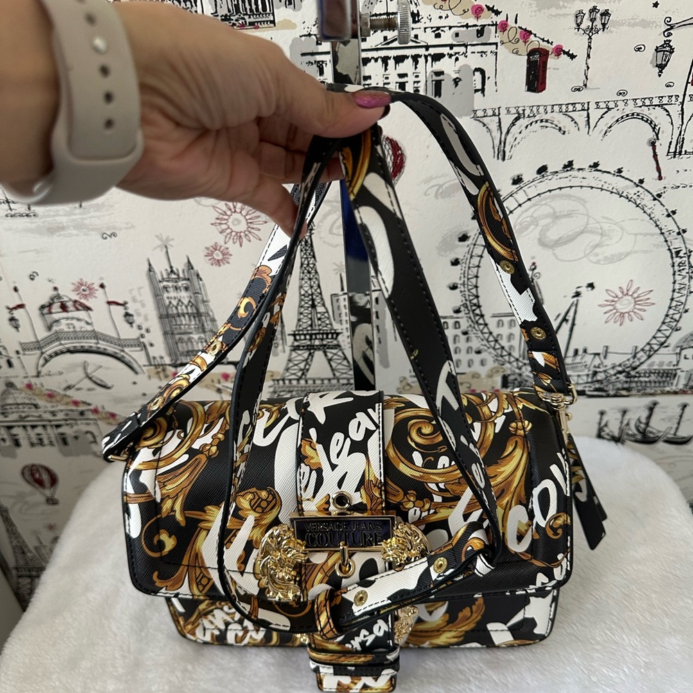 Versace Black and Gold Baroque Print Handbag